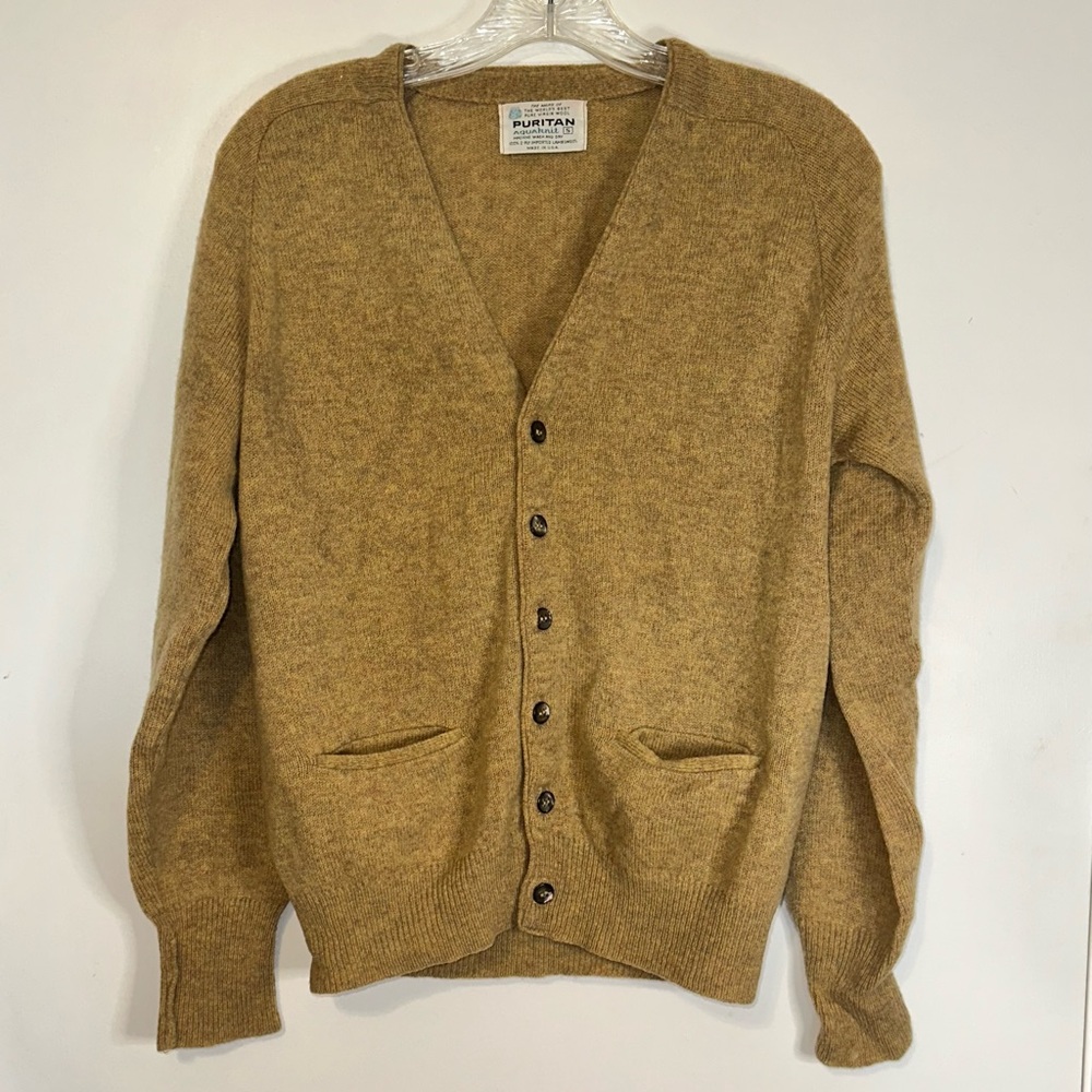 Vintage Puritan Cardigan Sweater Golden Brown Size S Aquamatic Virgin‎ Wool USA